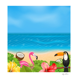 Exotic Background with Toucan, Pink Flamingo