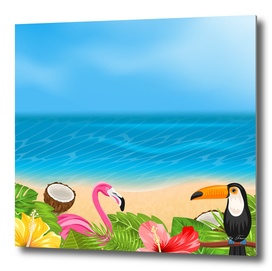 Exotic Background with Toucan, Pink Flamingo