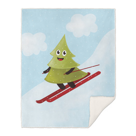 Skiing Happy Pine Tree In Winter