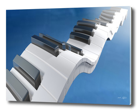Keyboard of a piano waving on a blue sky