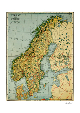 Vintage Map of Norway and Sweden (1921)
