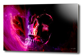 Skull with flames in magical purple lights