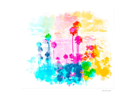 palm tree at the beach with colorful painting abstract
