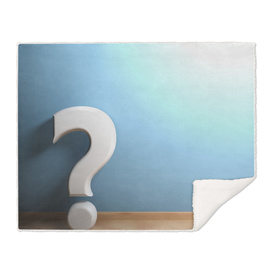 White question mark leaning at blue wall - 3D rendering