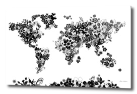 world map flowers black and white
