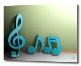 Musical symbols at green wall - 3D rendering
