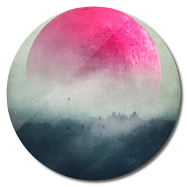 pink moon over misty woodlands