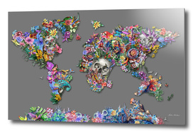 world map skull flowers