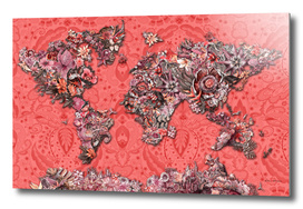 world map tropical flowers red