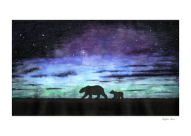 Aurora borealis and polar bears (black version)