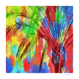palm tree with splash painting abstract in red green yellow