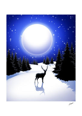 Lonely Deer on Snowy Silent Night Mountains