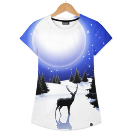 Lonely Deer on Snowy Silent Night Mountains