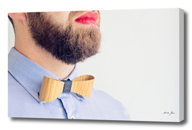 Adult bearded Man with Red Lipstick on Lips