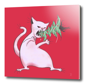 White Fat Cat Eats Christmas Tree