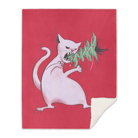 White Fat Cat Eats Christmas Tree