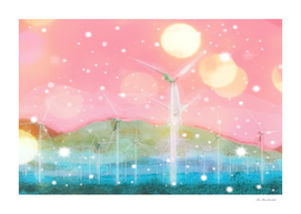wind turbine in the desert with snow and bokeh light