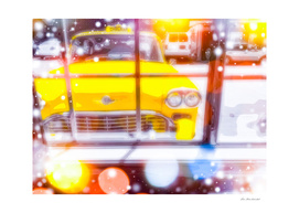 yellow classic taxi car with colorful bokeh light