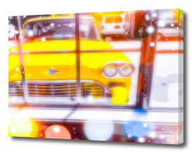 yellow classic taxi car with colorful bokeh light