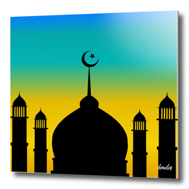 Mosque dome and minaret silhouette with moon during sunset