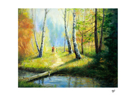 Mother And Kid Walking In The Woods