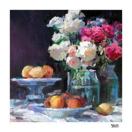 Still Life with White & Pink Roses