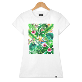 Tropical leaves and flowers watercolor illustration