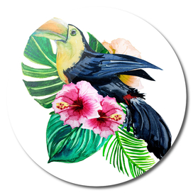Tropical leaves with flowers and bird toucan watercolor
