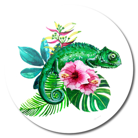tropical leaves with flowers and chameleon watercolor