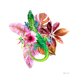tropical leaves with flowers, lizard salamander watercolor