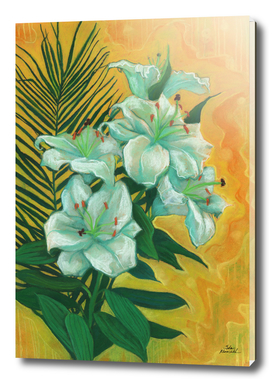 White Lilies and Palm Leaf, Spring Flowers, Floral Painting
