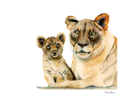 Motherhood | Mother Lion and Cub Watercolor Painting