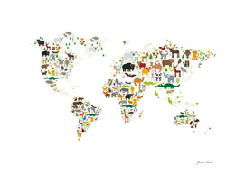 Cartoon animal world map, white background