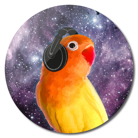 Bird Listening to Music in Outer Space