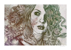 Wake: Autumn (street art woman with maple leaves tattoo)