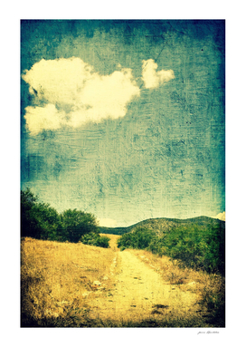 Rural country grunge landscape heart clouds to follow