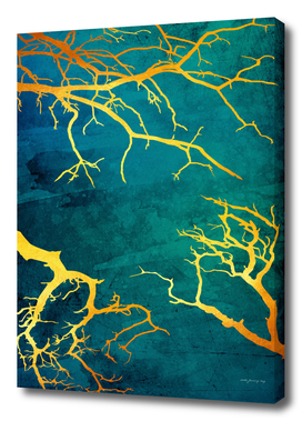 Golden Trees on Turquoise, Blue and Green Watercolor Texture