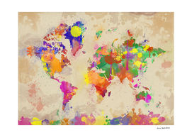 Watercolor World Map On Old Canvas