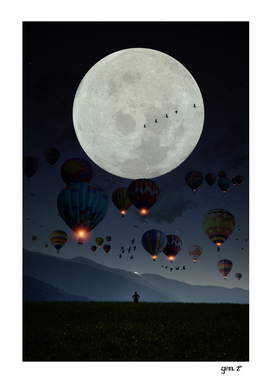 Human facing the moon and balloons by GEN Z