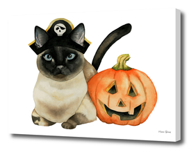 Halloween Siamese Cat with Jack O' Lantern