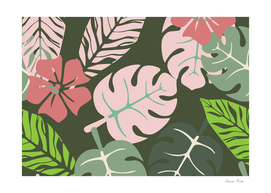 Tropical leaves green and pink paradises