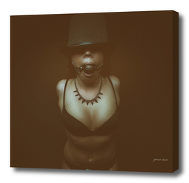 fetish dark portrait girl in hat and bra with gag