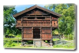 Old wooden house with elevated stabbur / storehouse