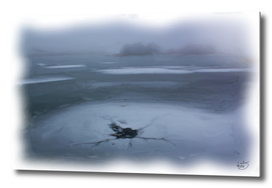 Ice-Hole In Misty Frozen Lake Winter
