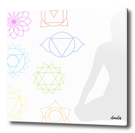 Chakra icons in respective colors with meditating person