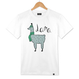 Cute hand-drawn illustration of a lama in a cap and a scarf.