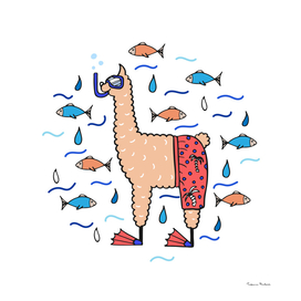 Cute hand-drawn illustration of a lama in the beach shorts