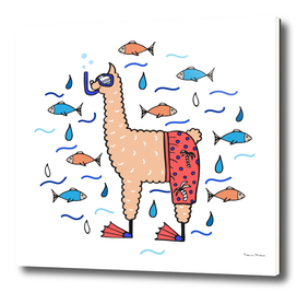 Cute hand-drawn illustration of a lama in the beach shorts
