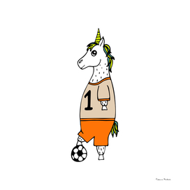 The lovely hand-drawn unicorn-football player with a ball.
