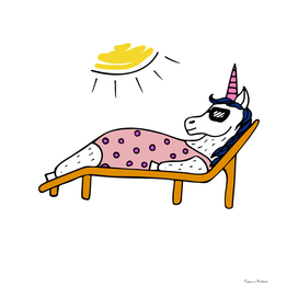 Lovely hand-drawn unicorn-girl sunbathing on a plank bed.
